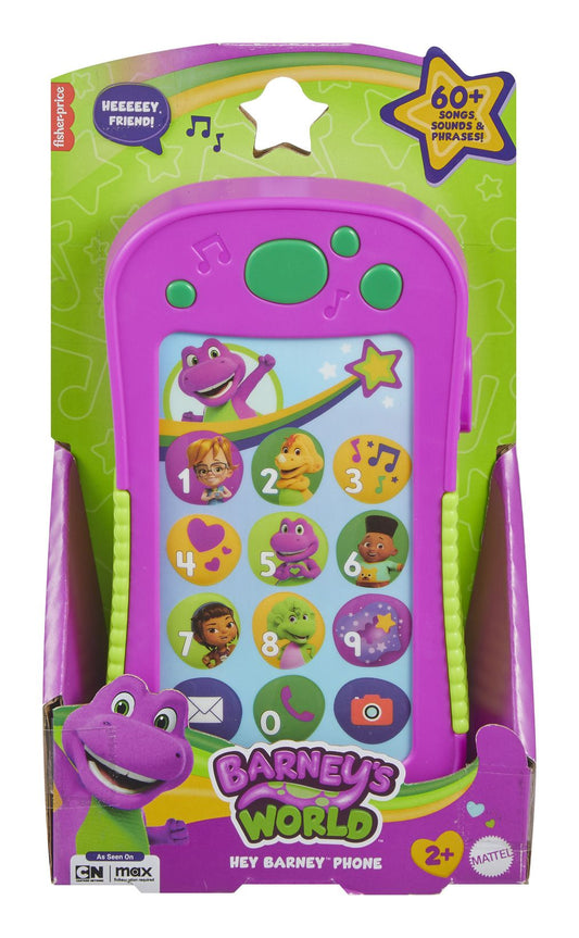 Barney's World toy phone in packaging with colorful design