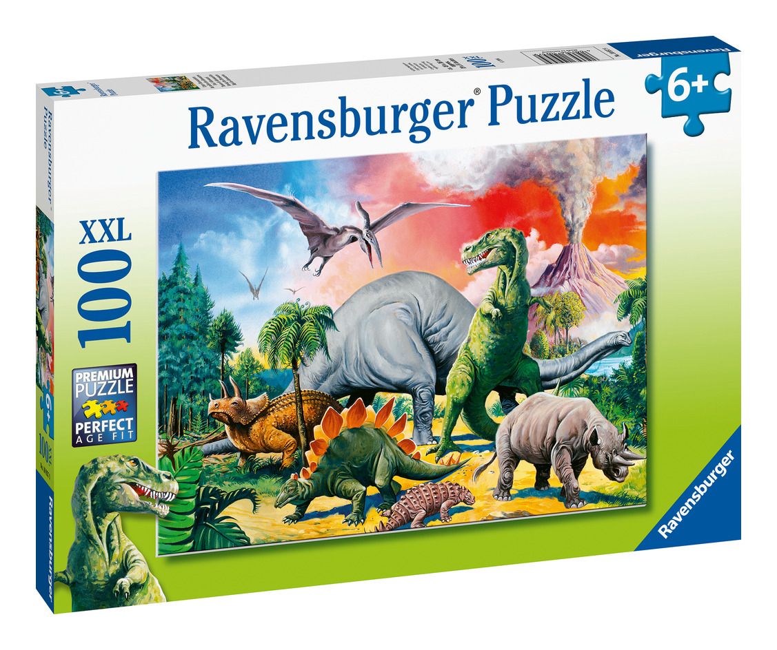 Ravensburger dinosaur puzzle box with colorful illustration of dinosaurs and volcano.