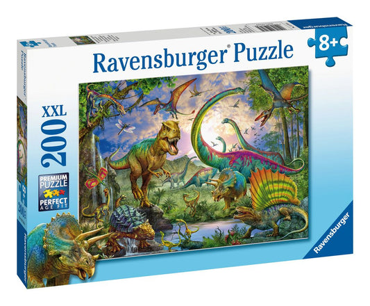 Ravensburger dinosaur puzzle box with colorful illustrations of dinosaurs in a forest setting.