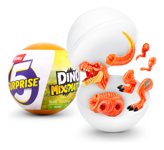 Toy ball with dinosaur figures and '5 Surprise' branding on a white background