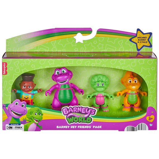 Toy figure set packaging with Barney and friends on a green and purple background