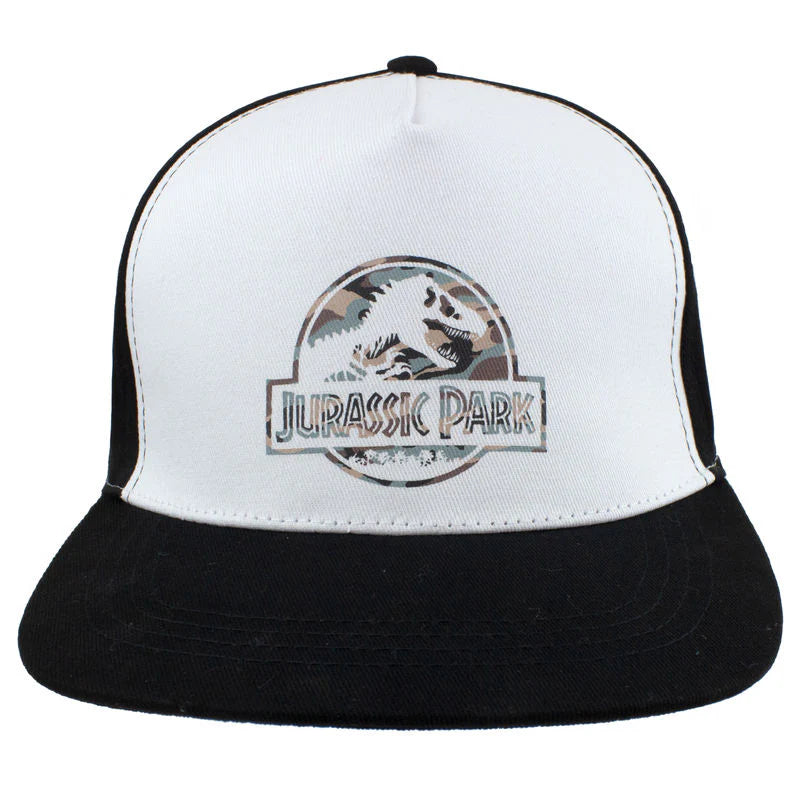White and black cap with Jurassic Park logo on a white background
