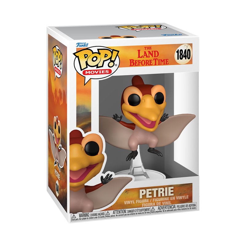 Funko Pop! vinyl figure packaging for 'The Land Before Time' with Petrie the dinosaur.