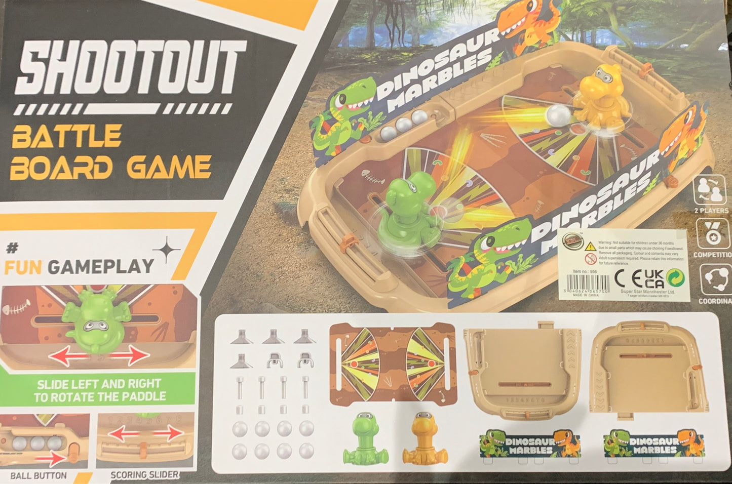 Dinosaur marble battle board game packaging with marbles and paddle on a plastic base