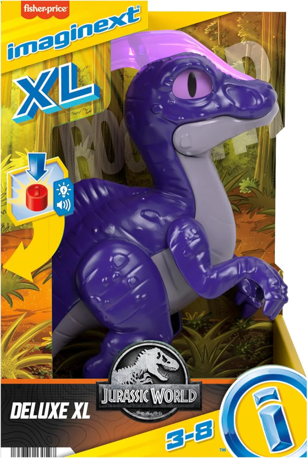 Purple dinosaur toy with 'imaginext' branding on a colorful packaging background