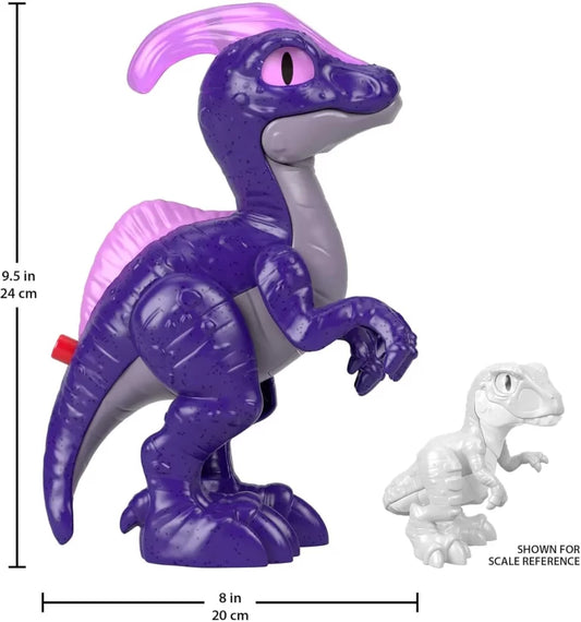 Purple dinosaur toy with measurements on a white background