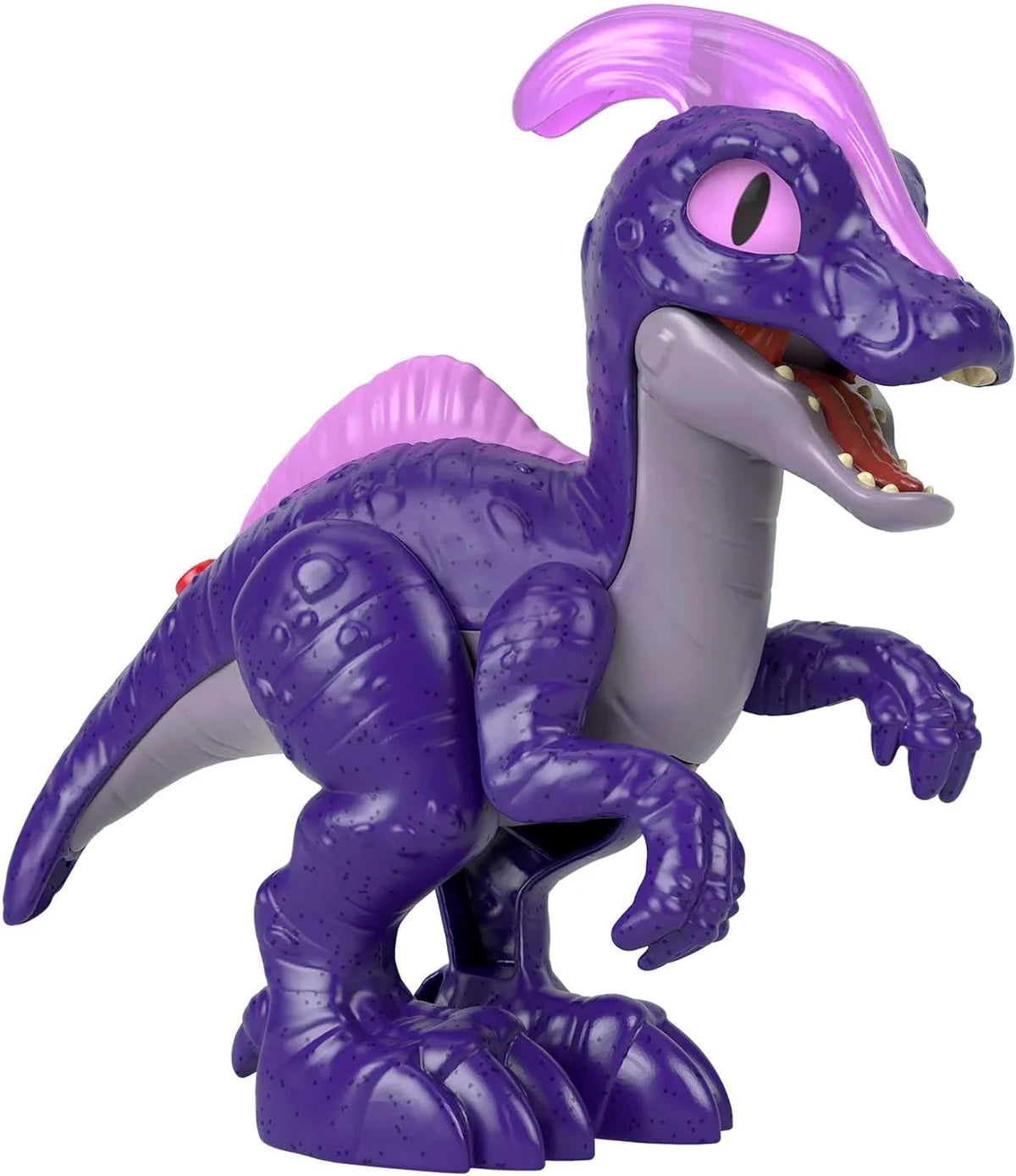 Purple dinosaur toy with a white background
