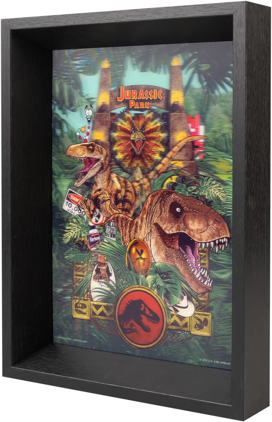 Framed poster with dinosaur illustrations and 'Jurassic Park' logo