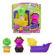 Toy figures with colorful backgrounds, likely from a children's show or product line.