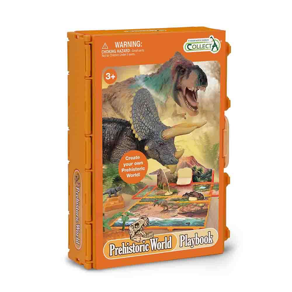 Prehistoric World Playbook packaging with dinosaur illustration on an orange background