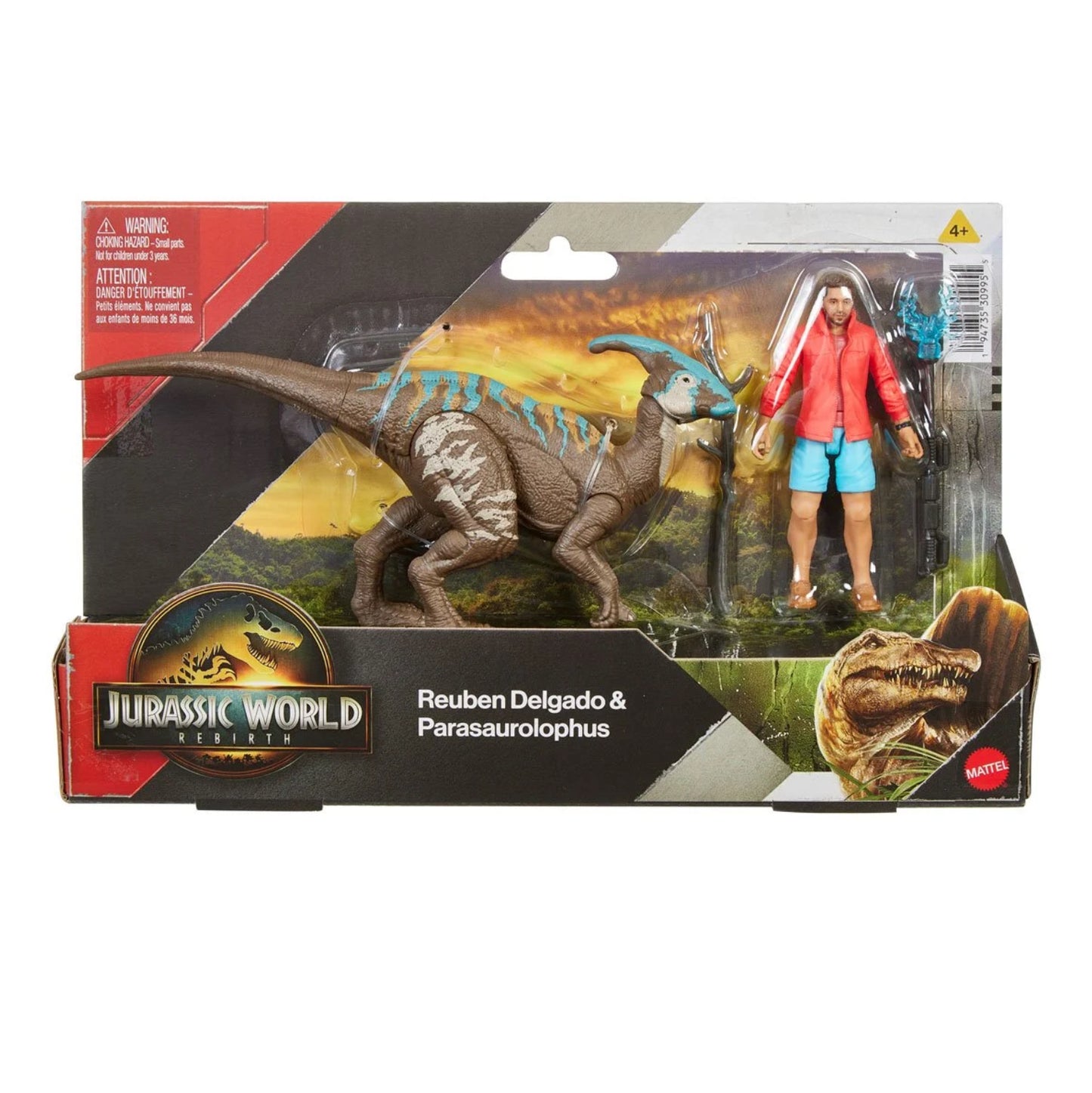 Jurassic World toy package with dinosaur and figure on a white background