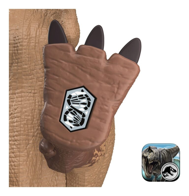Brown dinosaur toy foot with a logo on a white background