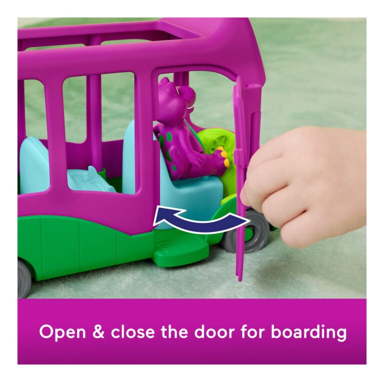 Toy bus with a hand opening and closing a door, on a green surface.