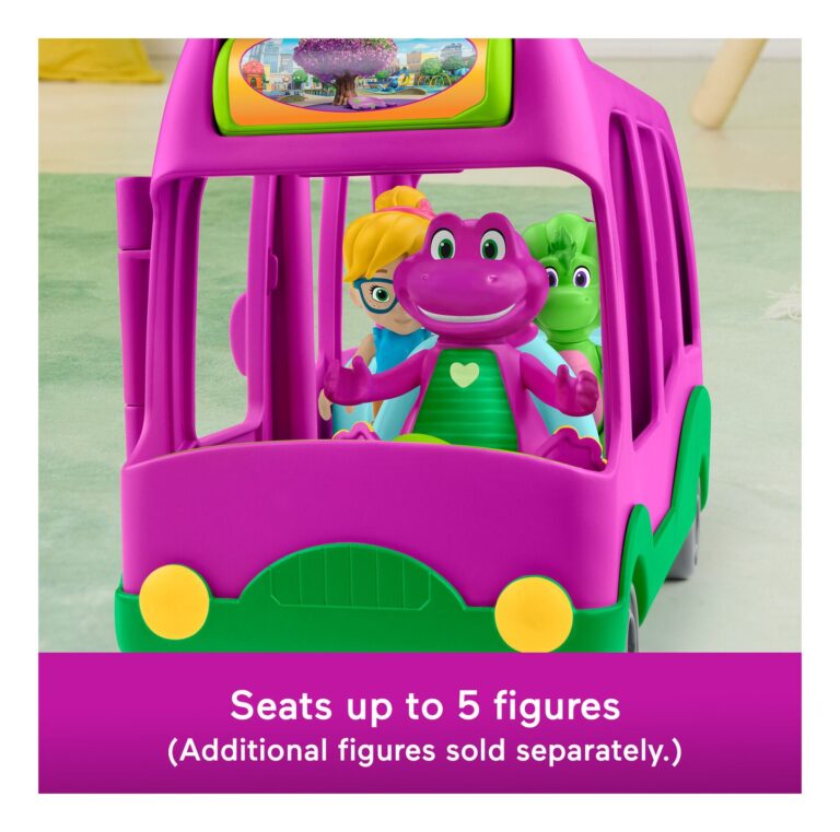 Toy bus with characters inside, featuring a purple dinosaur-like creature and a girl figure, on a light green floor.