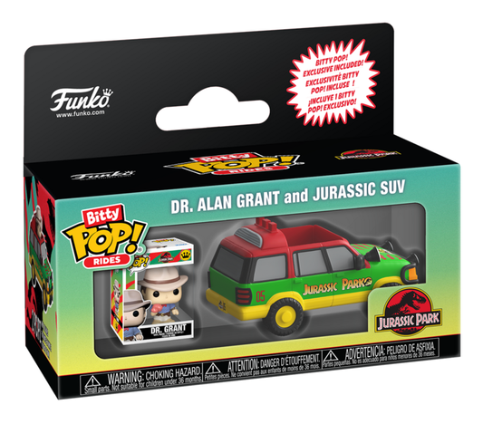 Funko Pop! Rides packaging with Dr. Alan Grant and Jurassic SUV toy set