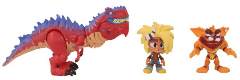 Toy dinosaur and two figures on a white background