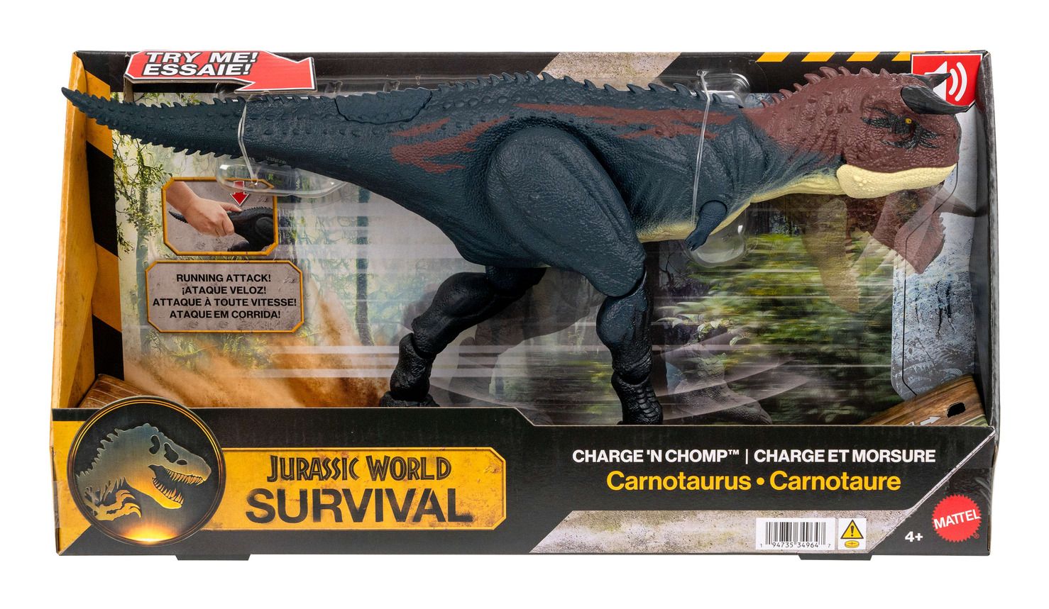 Jurassic World Carnotaurus toy figure in packaging with 'Try Me' tag