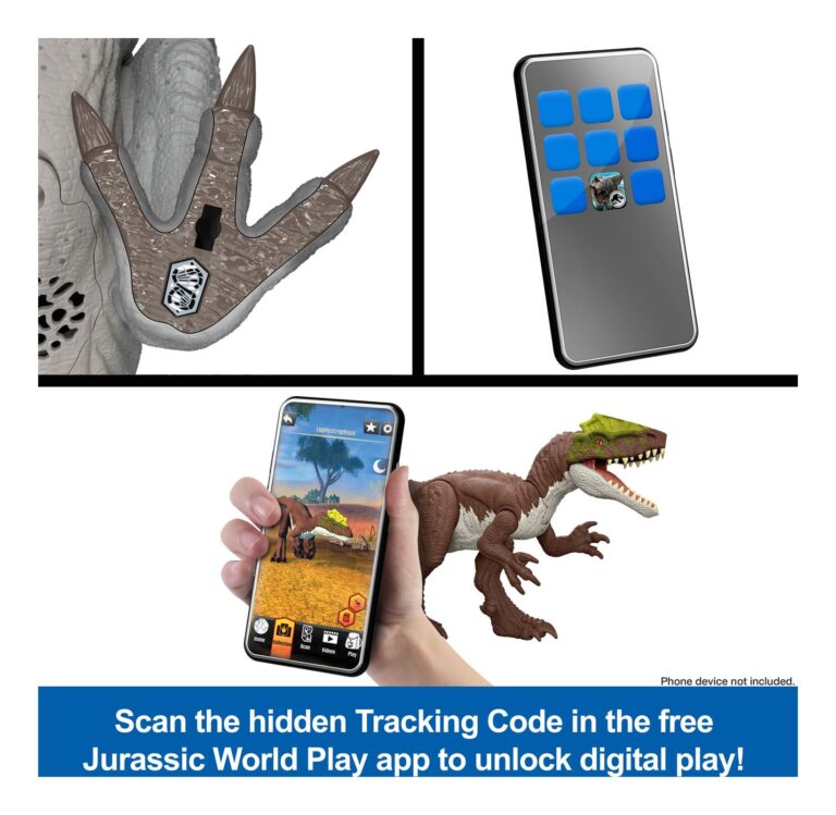 Toy dinosaur foot, remote control, and digital app interface with text about scanning a tracking code.