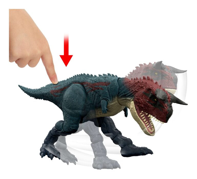 Toy dinosaur figure with a hand pressing a button on a white background