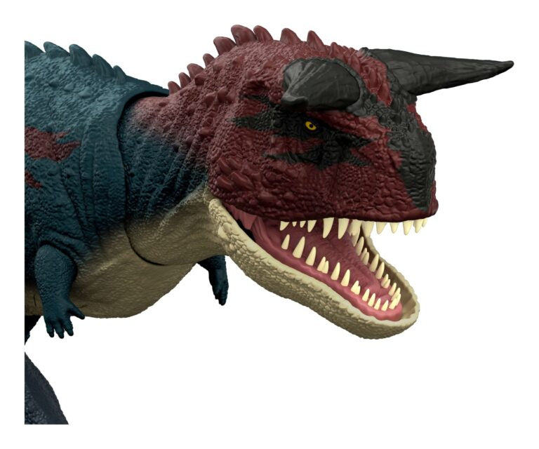 Dinosaur toy with a dark blue and red color scheme on a white background