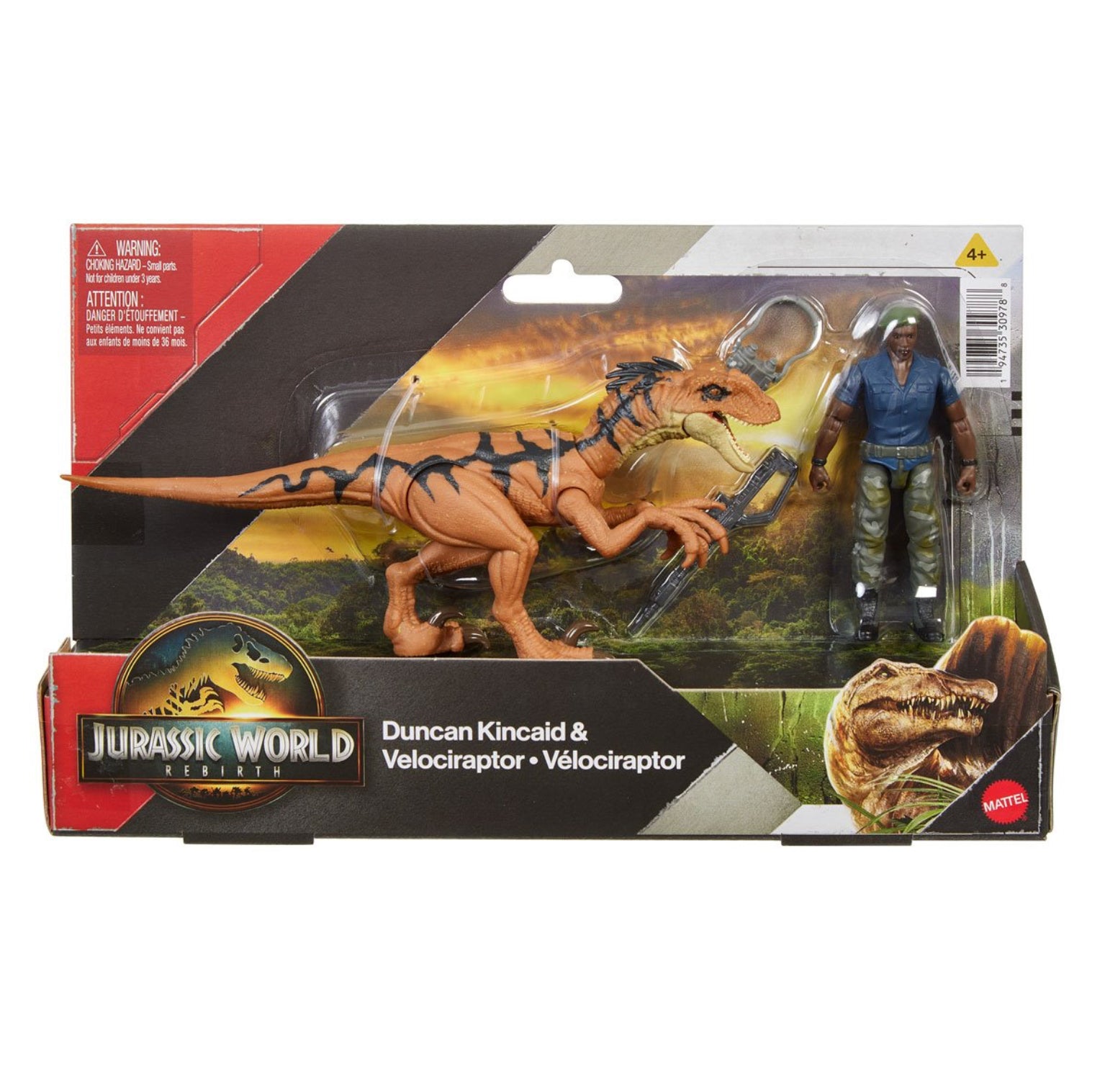 Jurassic World toy figure packaging with Velociraptor and figure on a white background