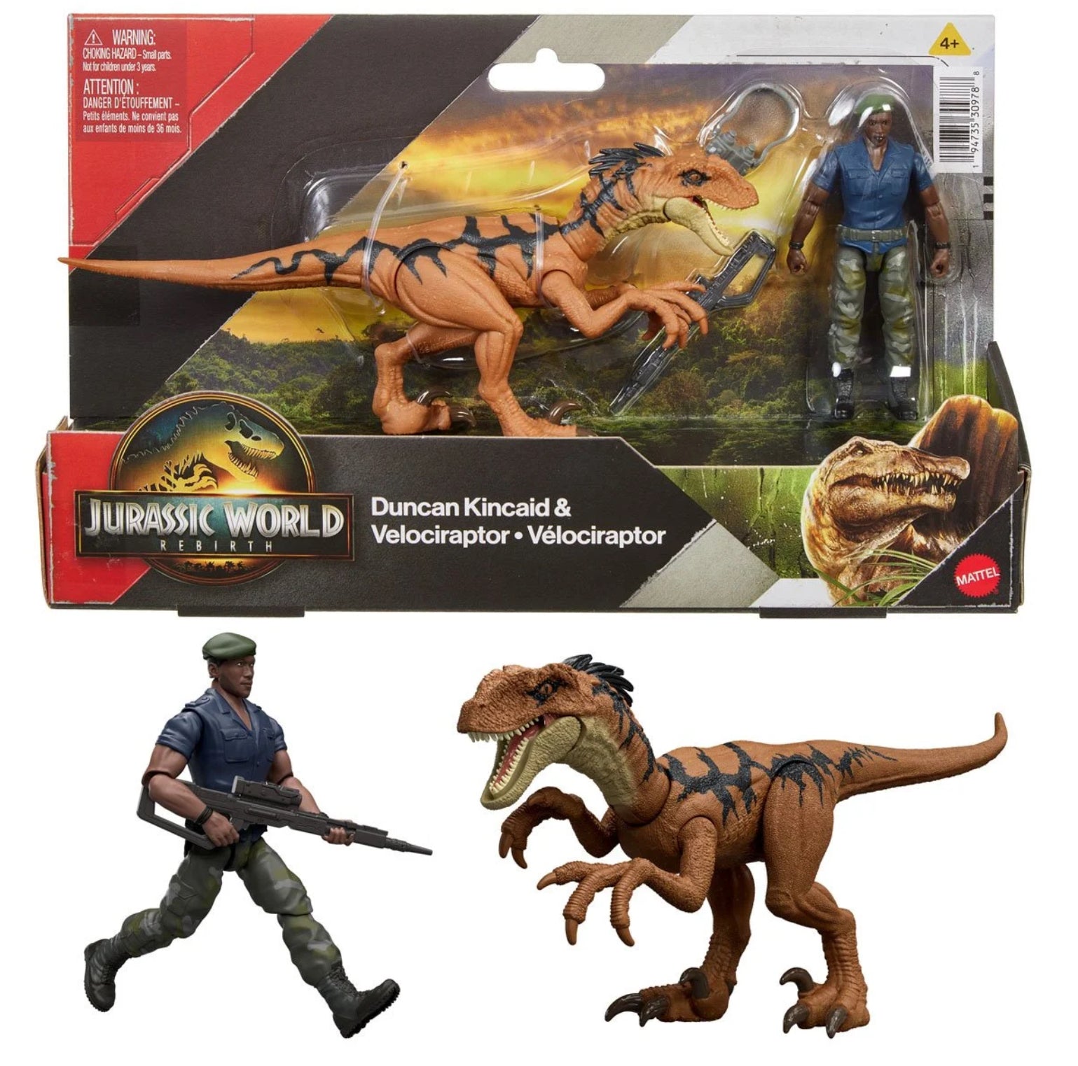 Jurassic World toy set with figures and Velociraptor in front of packaging