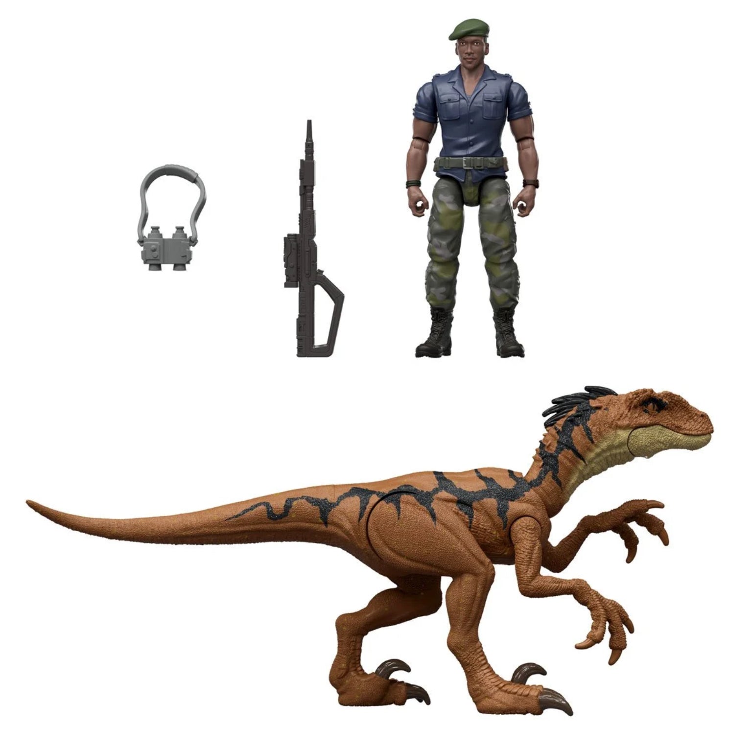 Action figure of a person with a weapon, helmet, and dinosaur-like creature on a white background