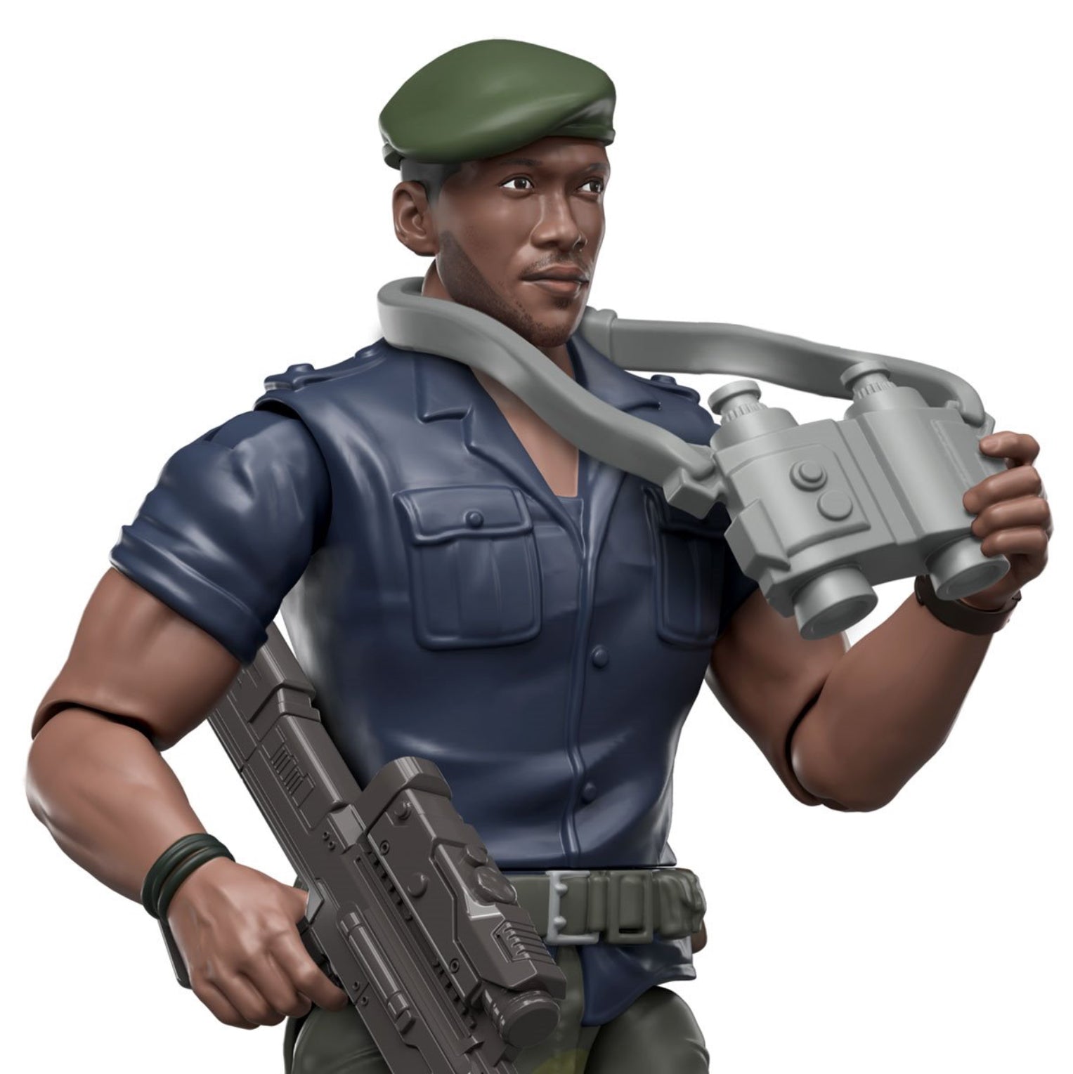 Figure of a character in military uniform holding a weapon on a white background