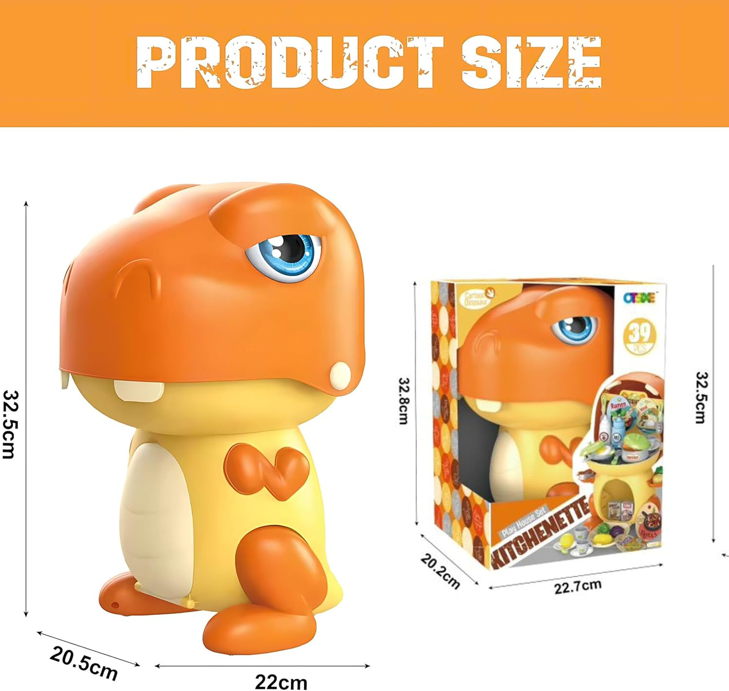 Toy dinosaur figure with packaging and size measurements on an orange background
