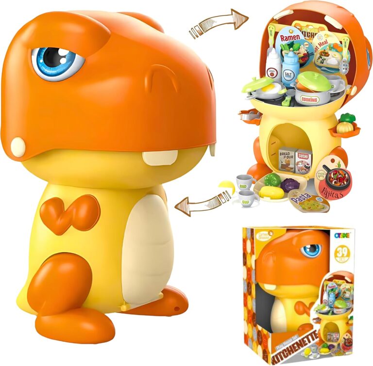Toy dinosaur with kitchen accessories and packaging on a white background