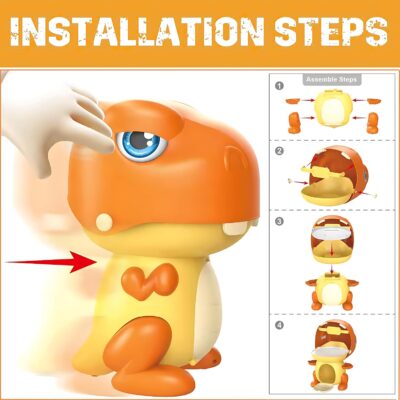 Toy dinosaur assembly with step-by-step guide on a yellow background