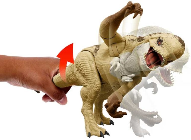 Toy dinosaur with a hand interacting with it on a white background