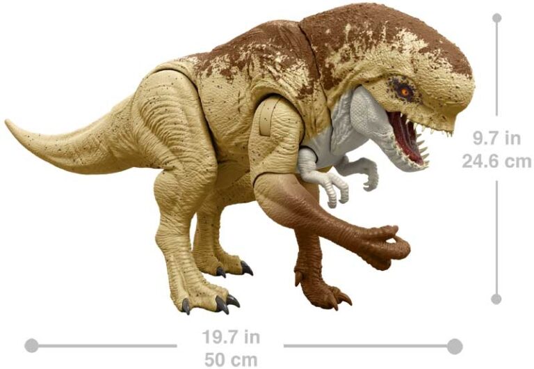 Toy dinosaur figure with measurements on a white background