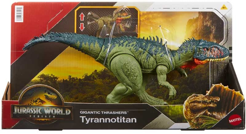 Toy Tyrannosaurus Rex in packaging with 'Jurassic World' branding