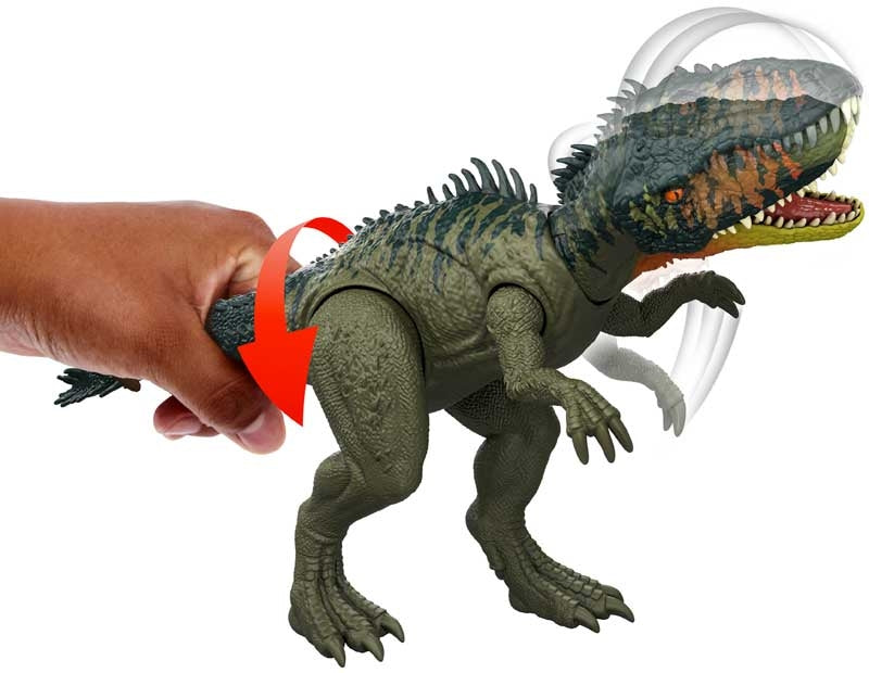 Toy dinosaur with a hand pulling on a red string, set against a white background
