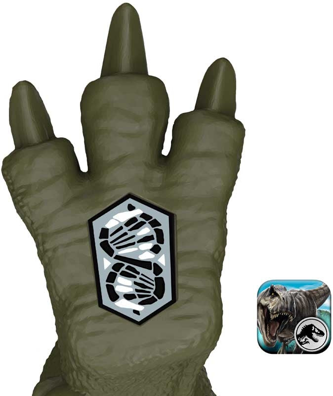 Green dinosaur costume glove with a logo and 'Jurassic Park' logo in the corner