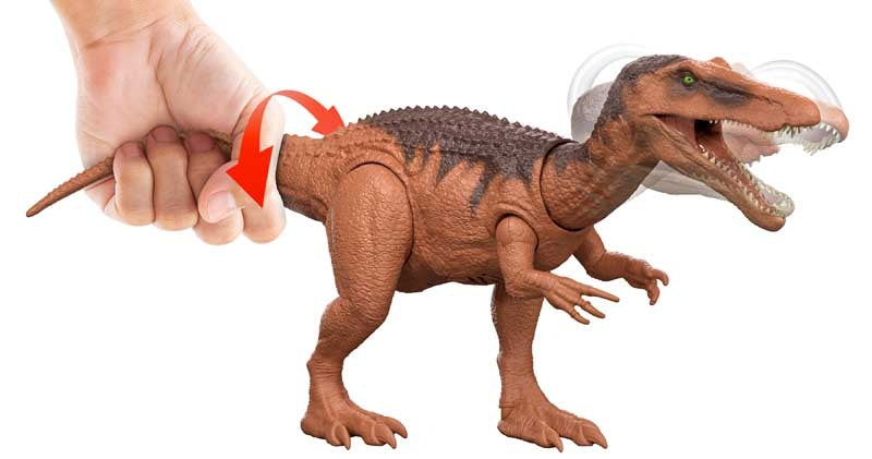Toy dinosaur with a hand pulling on a lever, set against a white background