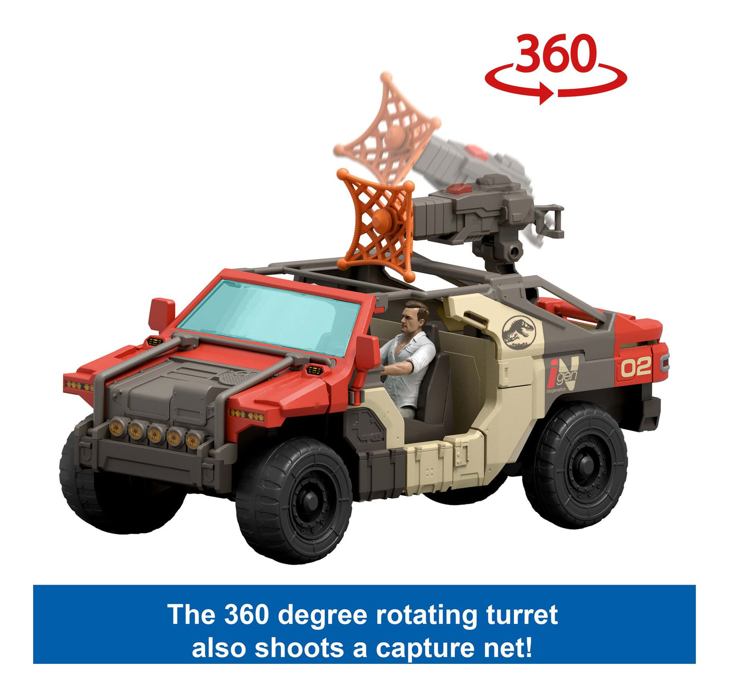 Toy vehicle with a 360-degree rotating turret on a white background