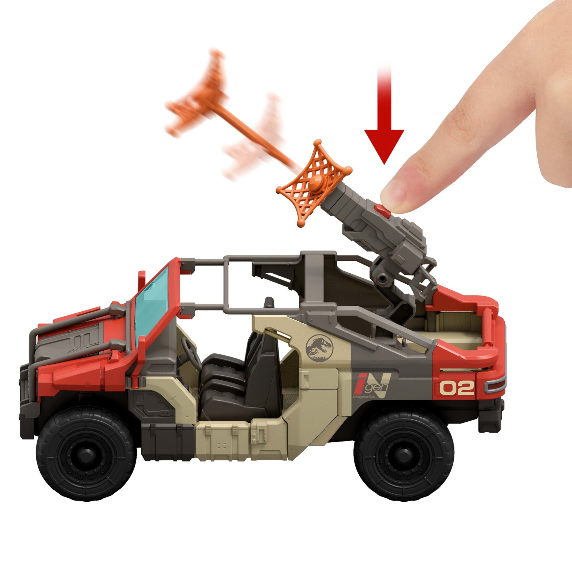 Toy vehicle with a launch mechanism being activated by a finger on a white background