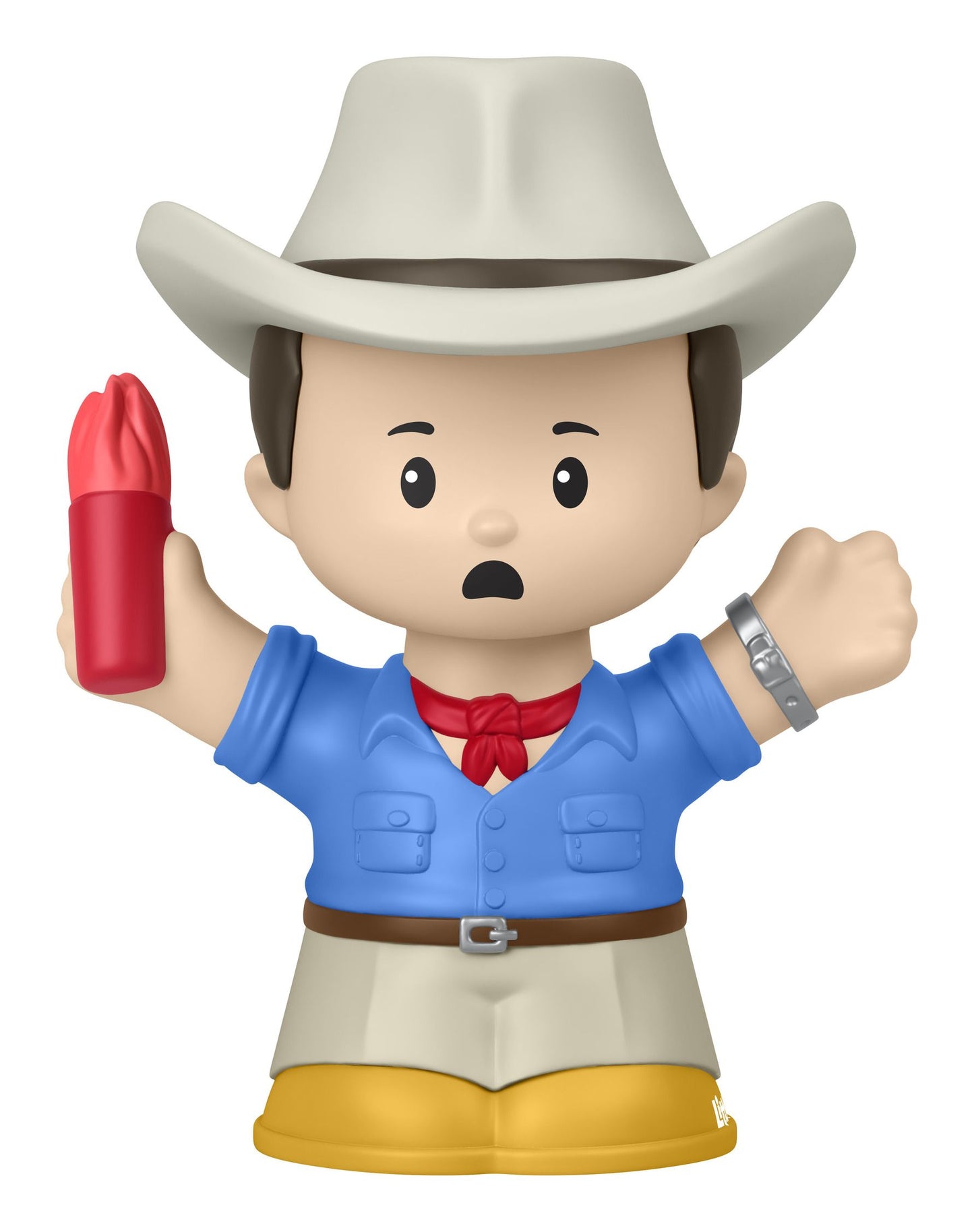 Toy figure of a character in a cowboy outfit with a red object and white background