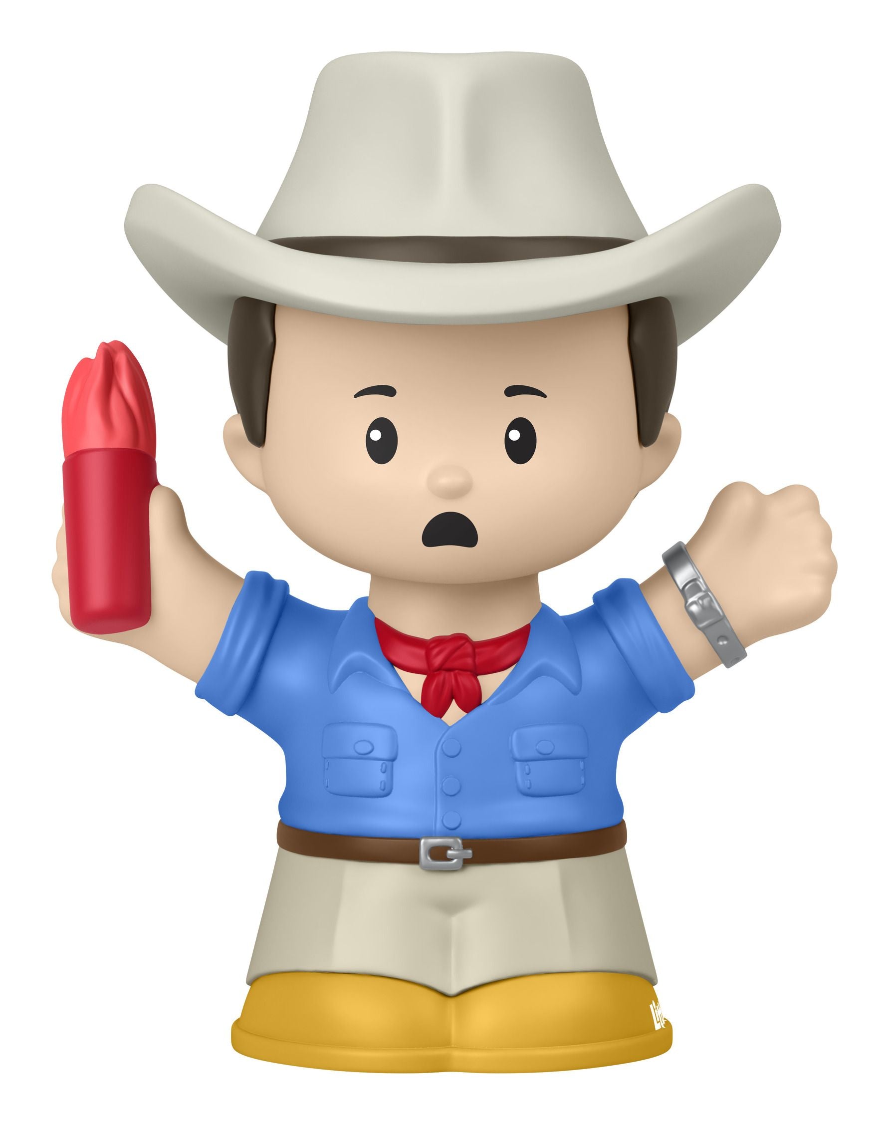 Toy figure of a character in a cowboy outfit with a red object and white background