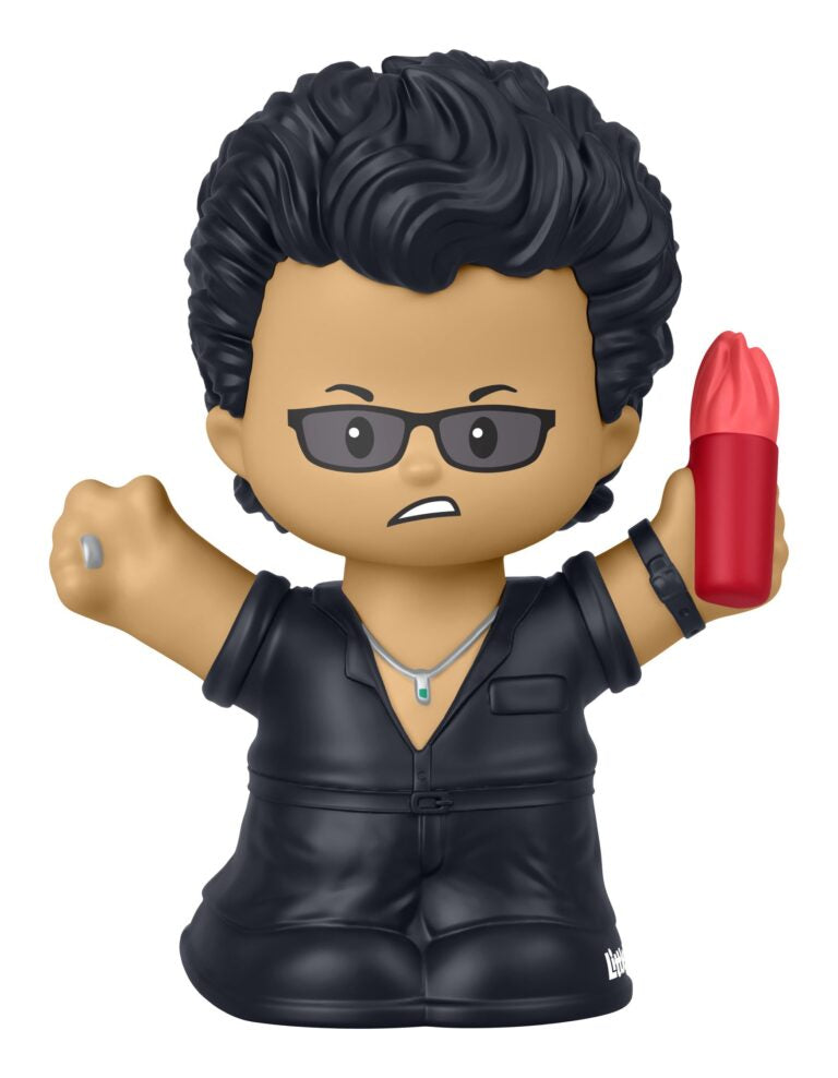 Toy figure with black hair, glasses, and a black outfit holding a red object on a white background
