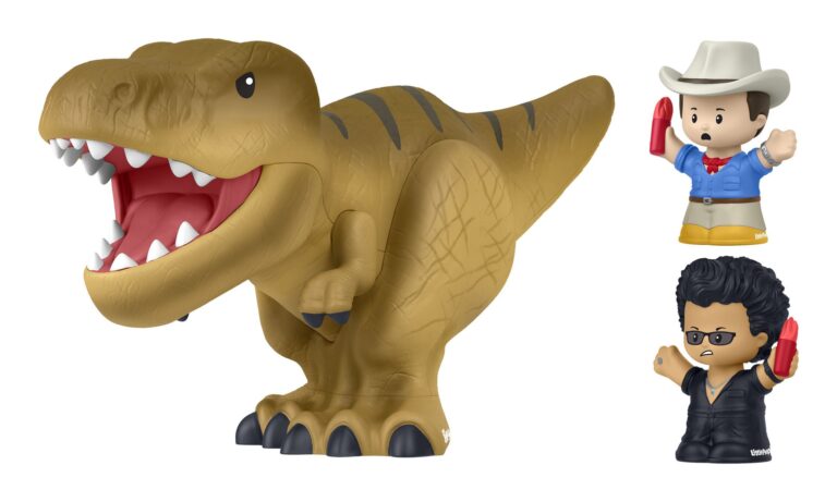 Toy dinosaur figure with two small figures on a white background