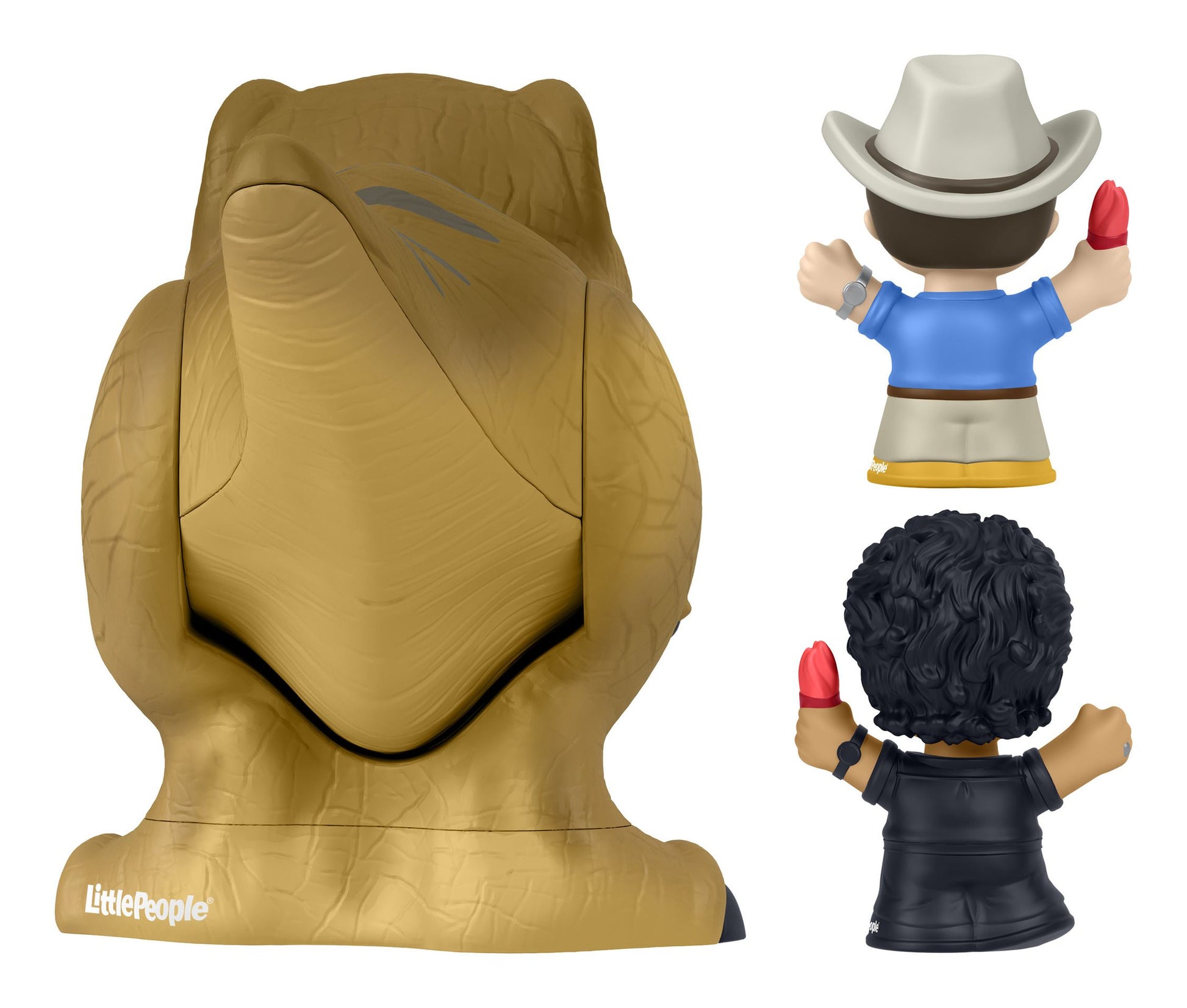 Two figurines with a large brown head-like object, one wearing a cowboy hat and blue shirt, the other with black hair and black outfit. 'Little People' branding visible.