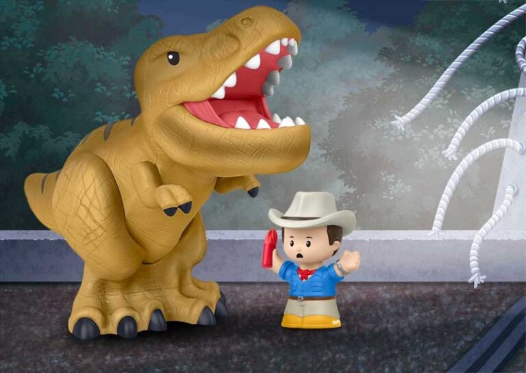 Toy dinosaur and cowboy figure in a forest setting