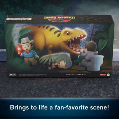 Toy box with illustrations of a dinosaur and two people, featuring the brand 'Jurassic Park'.
