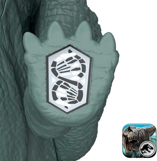 Close-up of a dinosaur-like creature's paw with a logo on a white background
