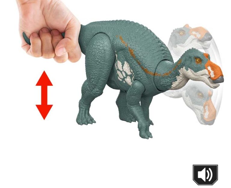 Toy dinosaur figure with a hand pressing a button, showing movement and sound icon.