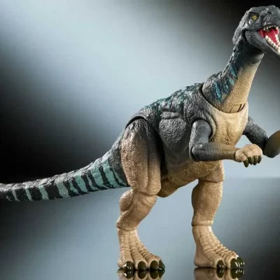 Dinosaur toy figure on a reflective surface with a gradient background