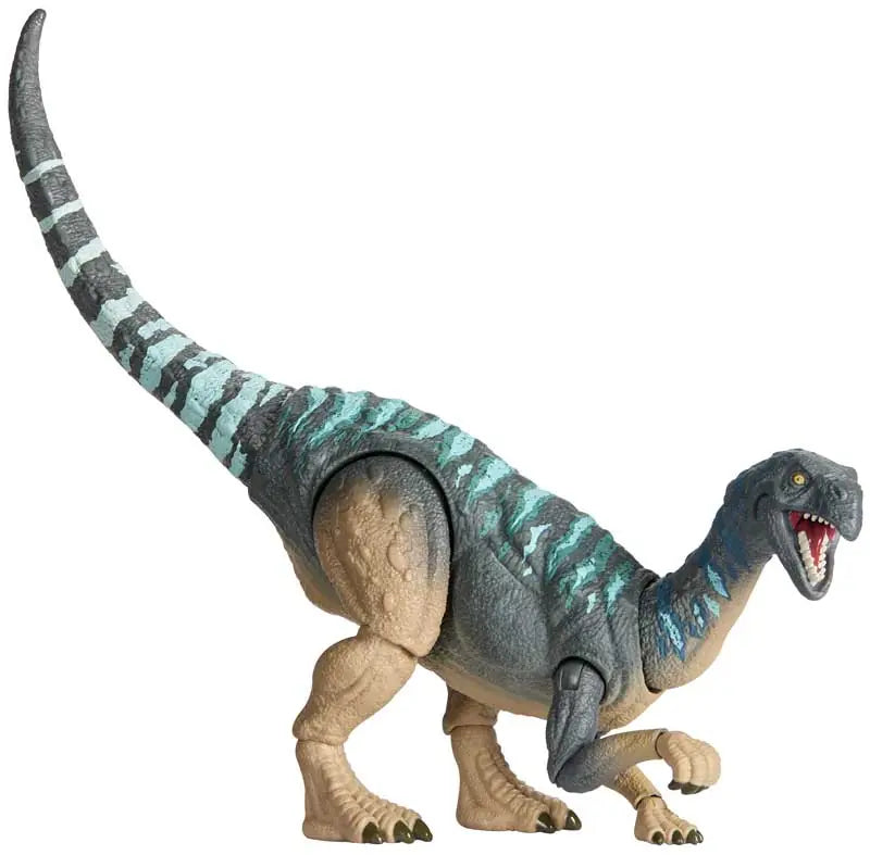 Dinosaur toy figure with a colorful pattern on a white background